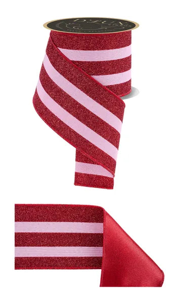 4"X10YD VERT GLITTER STRIPE/FUSED PINK/RED WIRED RIBBON - Burlap and Bling Decor