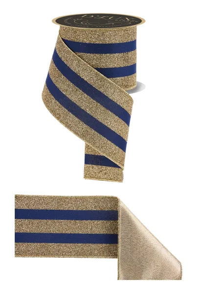4"X10YD VERT GLITTER STRIPE/FUSED NAVY/GOLD WIRED RIBBON - Burlap and Bling Decor
