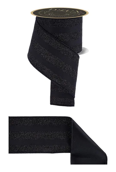 4"X10YD VERT GLITTER STRIPE/FUSED BLACK WIRED RIBBON - Burlap and Bling Decor
