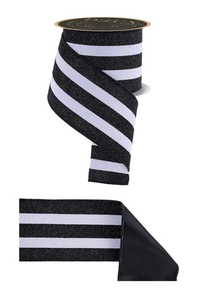 4"X10YD VERT GLITTER STRIPE/FUSED WHITE/BLACK WIRED RIBBON - Burlap and Bling Decor