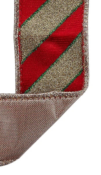 1.5"X10YD VELVET GLITTER DIAGONAL STRIPE/FUSED RED/GOLD/GREEN WIRED RIBBON