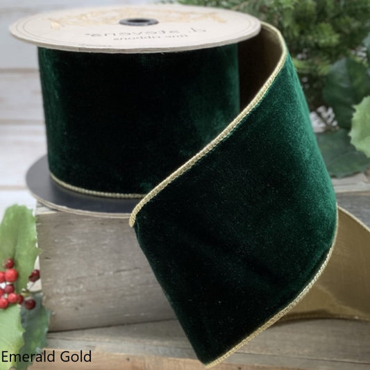 2.5" x 10yds lush velvet metallic light gold back, emerald - Burlap and Bling Decor