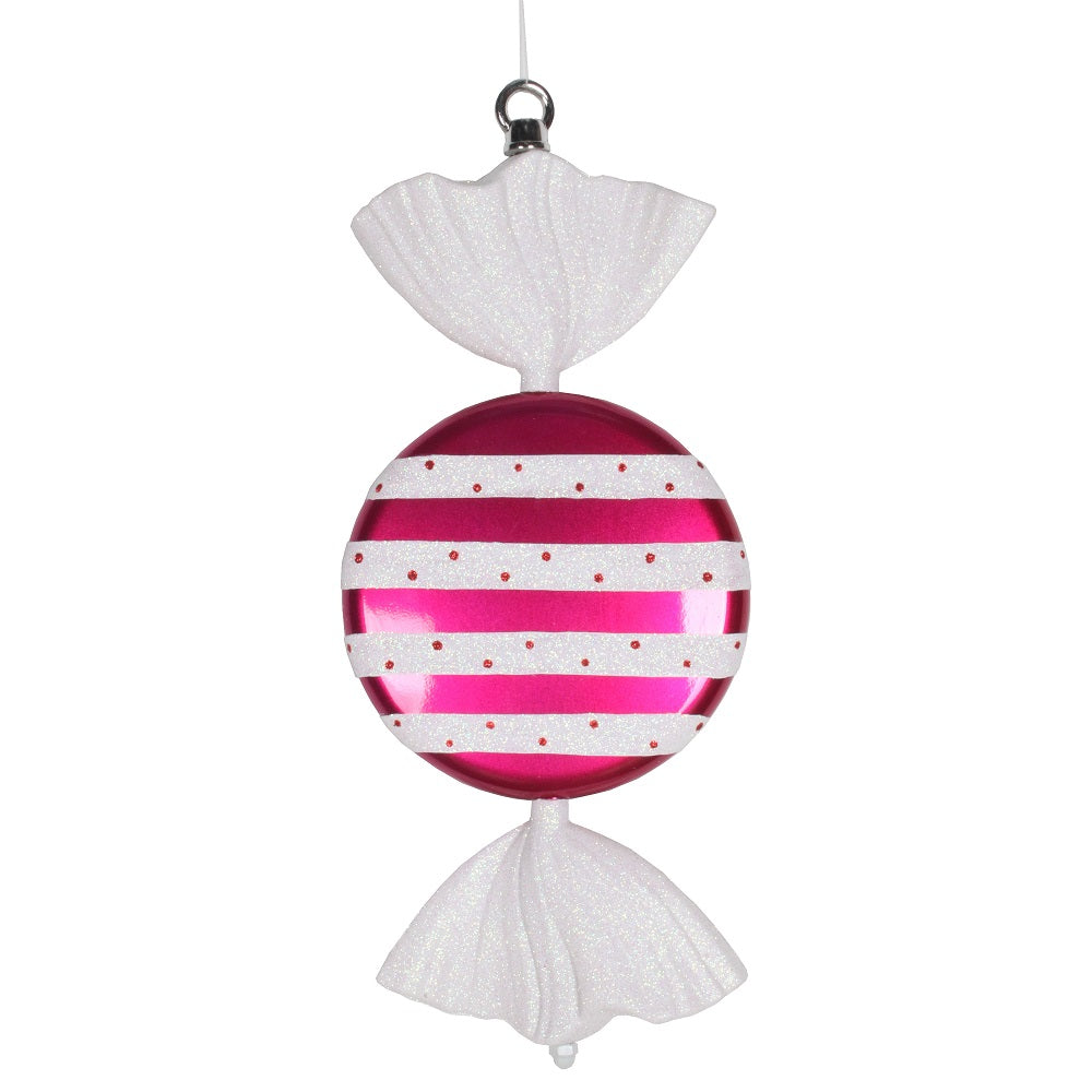 13" Cerise-White Striped Flat Candy Christmas Ornament