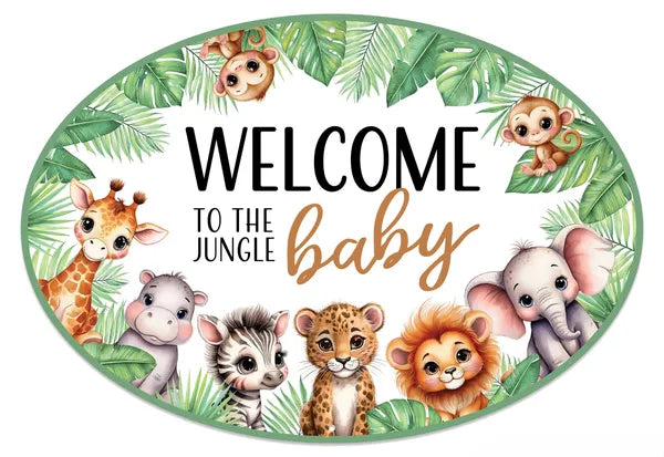 15"L X 10.25"H METAL JUNGLE BABY SIGN GREEN/WHITE/BROWN/GREY - Burlap and Bling Decor