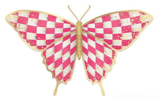 9.75"L X 6"H ANTIQUE CHECK BUTTERFLY HOT PINK/WHITE/GOLD - Burlap and Bling Decor