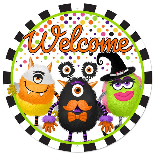 12"DIA METAL WELCOME MONSTER SIGN BLACK/WHITE/MULTI - Burlap and Bling Decor
