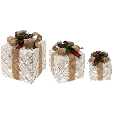 WHITE W/BURLAP PRESENT SET S/3 - Burlap and Bling Decor