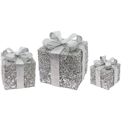 SILVER GLITTER PRESENT SET S/3 - Burlap and Bling Decor