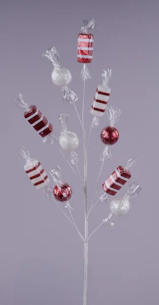 29"L CELLO WRAPPED CANDY SPRAY RED/WHITE WIRED RIBBON - Burlap and Bling Decor