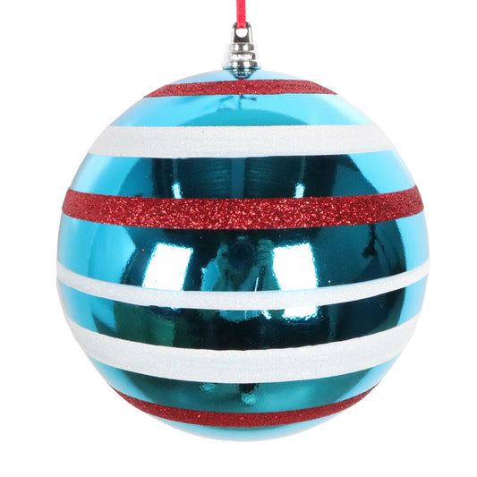 6" Turquoise Shiny Red and White Glitter Ball