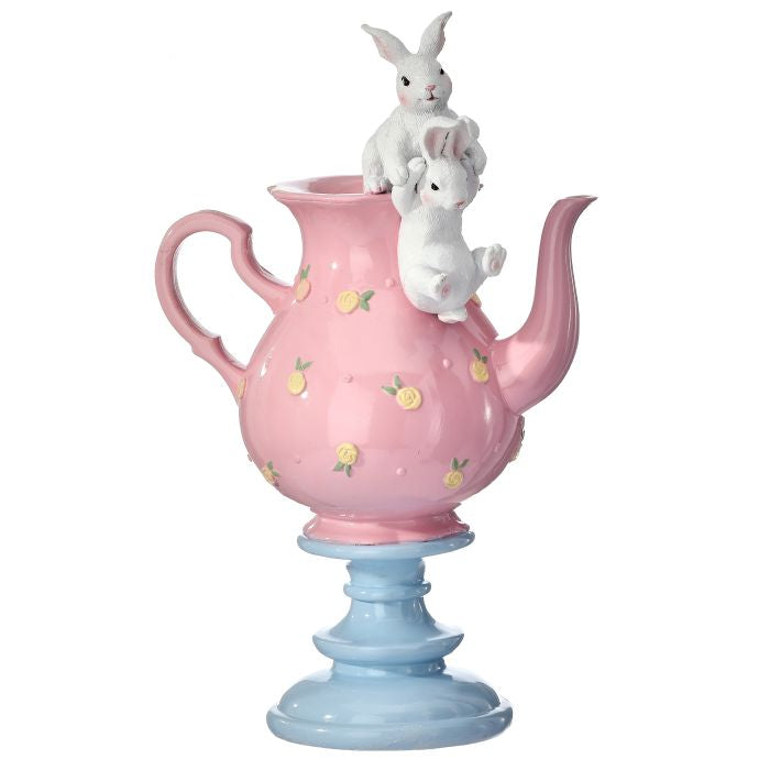 15" RESIN TEA POT W/BUNNIES - Burlap and Bling Decor