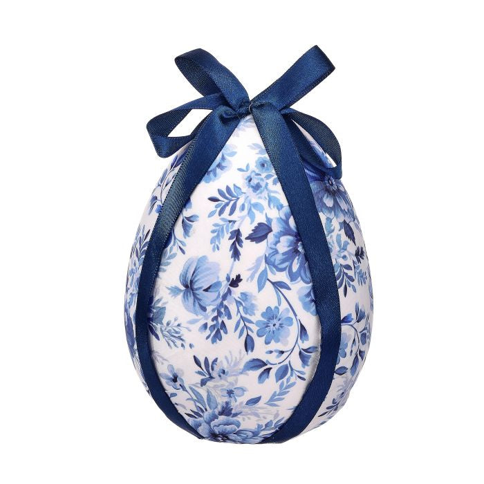 FABRIC TOILE EASTER EGG W BOW 5.5" BLUE WHITE - Burlap and Bling Decor
