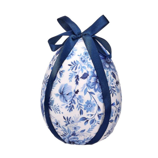 FABRIC TOILE EASTER EGG W BOW 5.5" BLUE WHITE - Burlap and Bling Decor