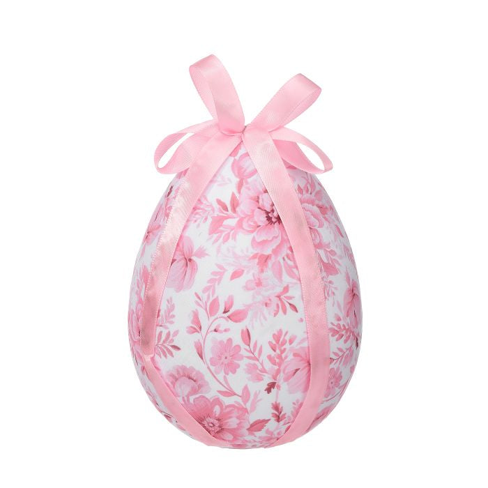 FABRIC TOILE EASTER EGG W BOW 5.5" PINK/WHITE - Burlap and Bling Decor