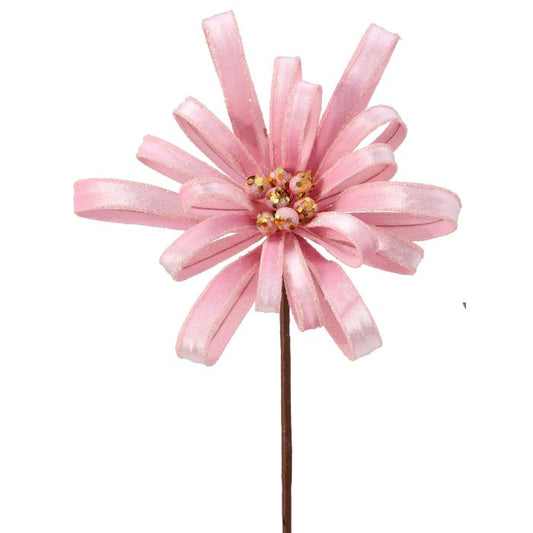 18" PINK VELVET GLITTER RIBBON FLOWER STEM - Burlap and Bling Decor