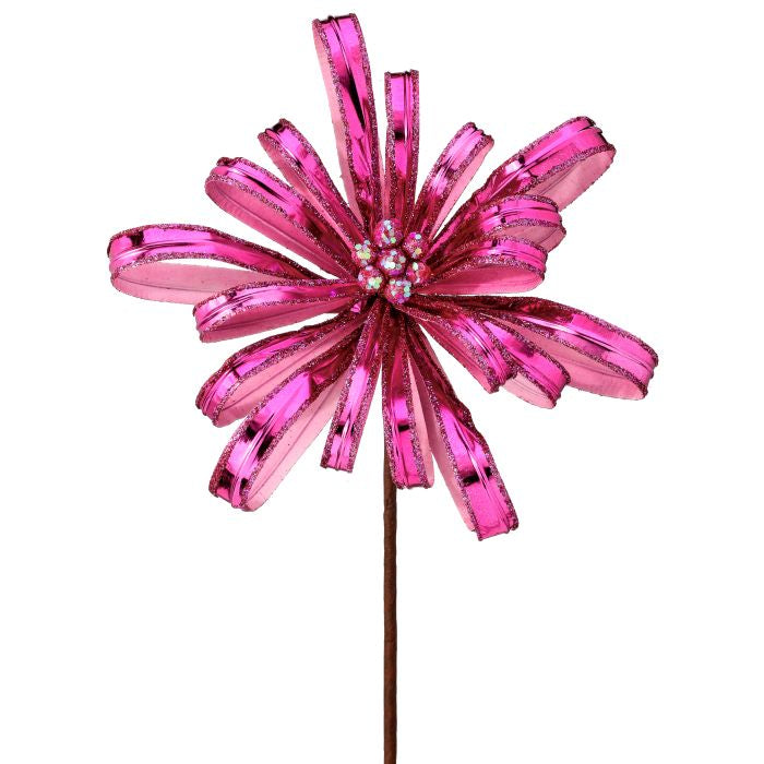 18" PINK VELVET W/GLTTER RIBBON BLOSSOM STEM - Burlap and Bling Decor