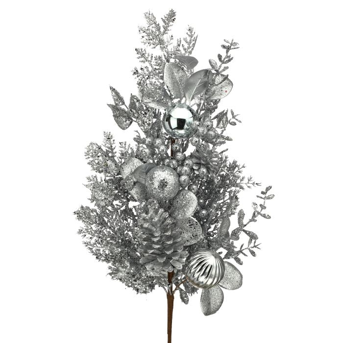 32" GLITTER LEAF/BERRY/CONE SPRAY SILV