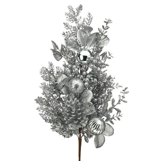 32" GLITTER LEAF/BERRY/CONE SPRAY SILV