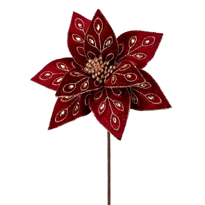 22" BEJEWELED POINSETTIA STEM BURGUNDY - Burlap and Bling Decor
