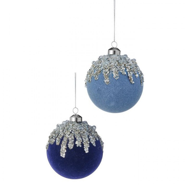 4" VELVET W/ICE SEQUIN BALL ORNAMENT CHOOSE ONE LIGHT BLUE OR NAVY