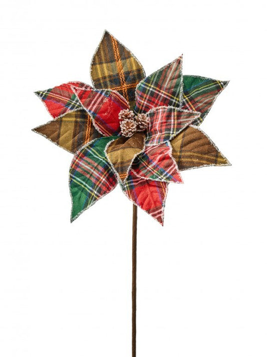 21" COZY CHRISTMAS PLAID POINSETTIA STEM
