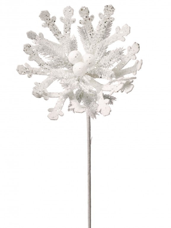 24" GLITTER SNOWFLAKE POINSETTIA STEM WHT
