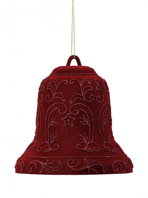 7" FLOCKED PLSTC W/GLITTER BELL ORNAMENT BURG