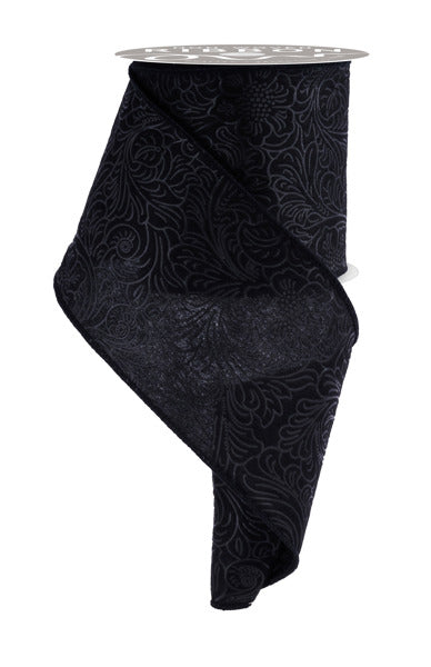 4"X10YD FLORAL/LEAVES BLACK - Burlap and Bling Decor