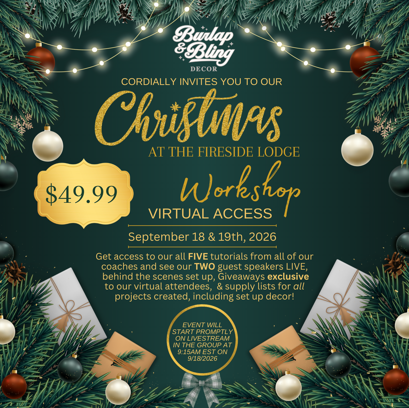 Christmas at the Fireside Lodge Workshop Virtual Ticket - Burlap and Bling Decor