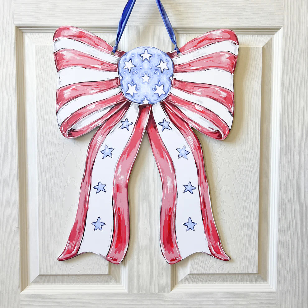 Patriotic Bow Door Hanger - USA 4th Of July Memorial America - Burlap and Bling Decor