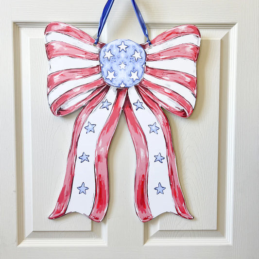 Patriotic Bow Door Hanger - USA 4th Of July Memorial America - Burlap and Bling Decor