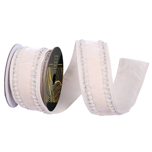 2.5"x5yd Ivory Velvet Pearl Jewel Trim Wired Ribbon - Burlap and Bling Decor