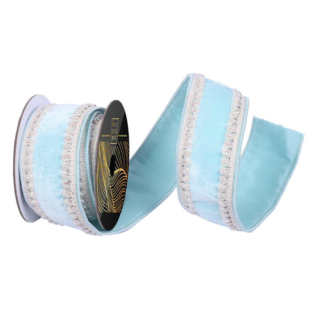 2.5"x5yd Bby Blu Velvet Ivory Prl Jwl Trim Wired Ribbon - Burlap and Bling Decor
