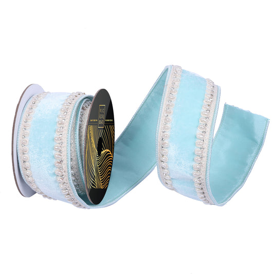 2.5"x5yd Bby Blu Velvet Ivory Prl Jwl Trim Wired Ribbon - Burlap and Bling Decor