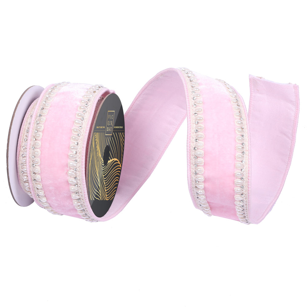 2.5"x5yd Pink Velvet Ivory Pearl Jewel TrimWired Ribbon - Burlap and Bling Decor