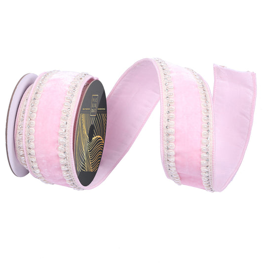 2.5"x5yd Pink Velvet Ivory Pearl Jewel TrimWired Ribbon - Burlap and Bling Decor