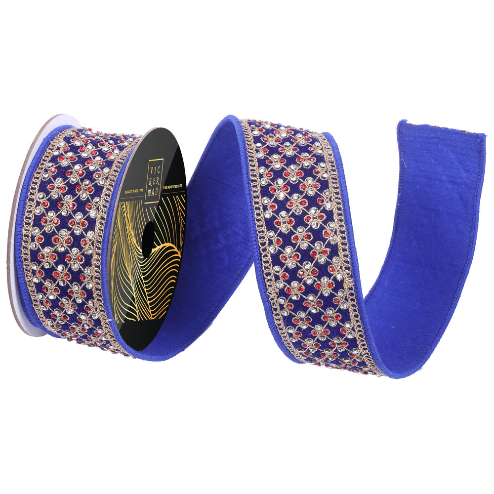 2"x 5yd Blue Velvet Gold Trim Red Jewel Wired Ribbon - Burlap and Bling Decor