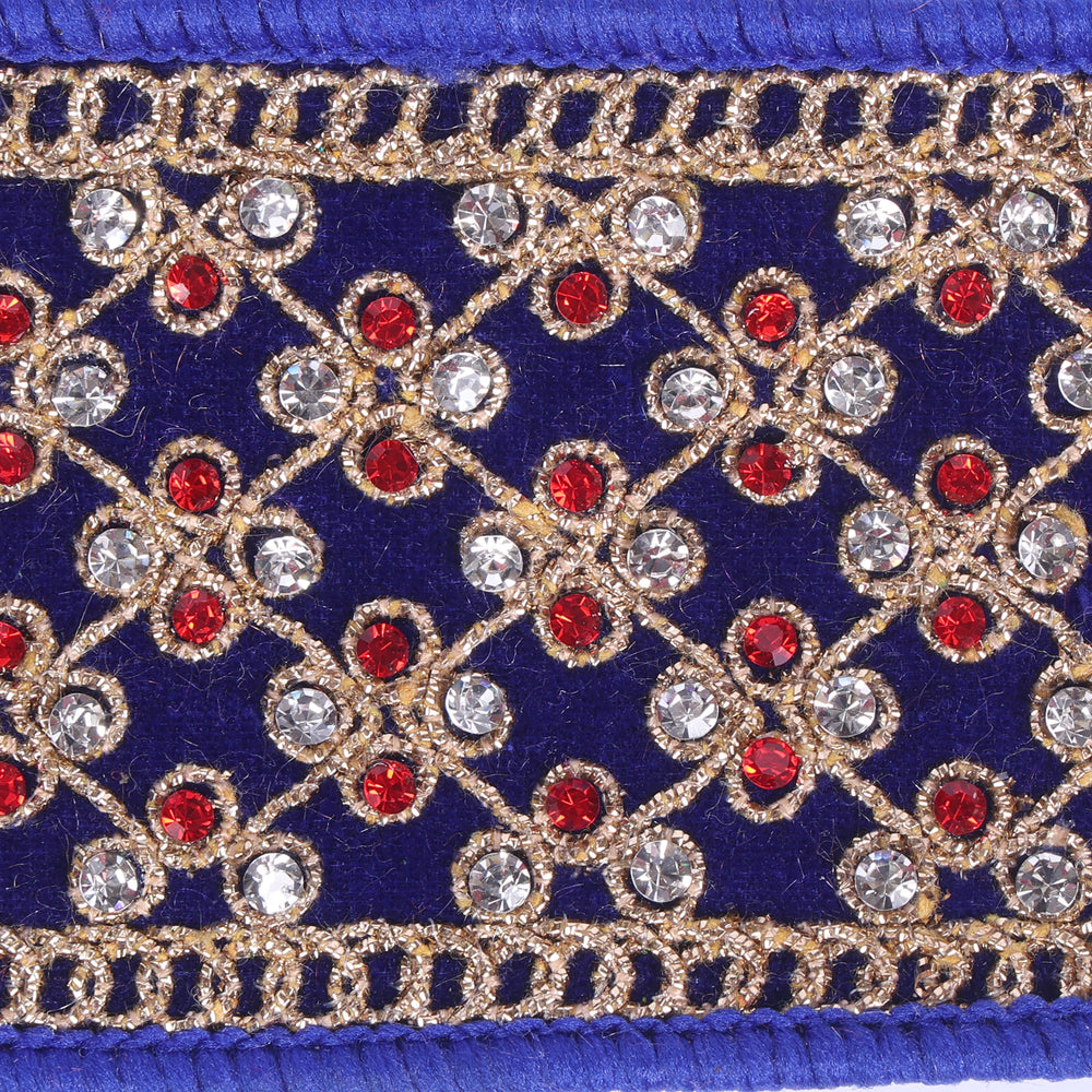 2"x 5yd Blue Velvet Gold Trim Red Jewel Wired Ribbon - Burlap and Bling Decor