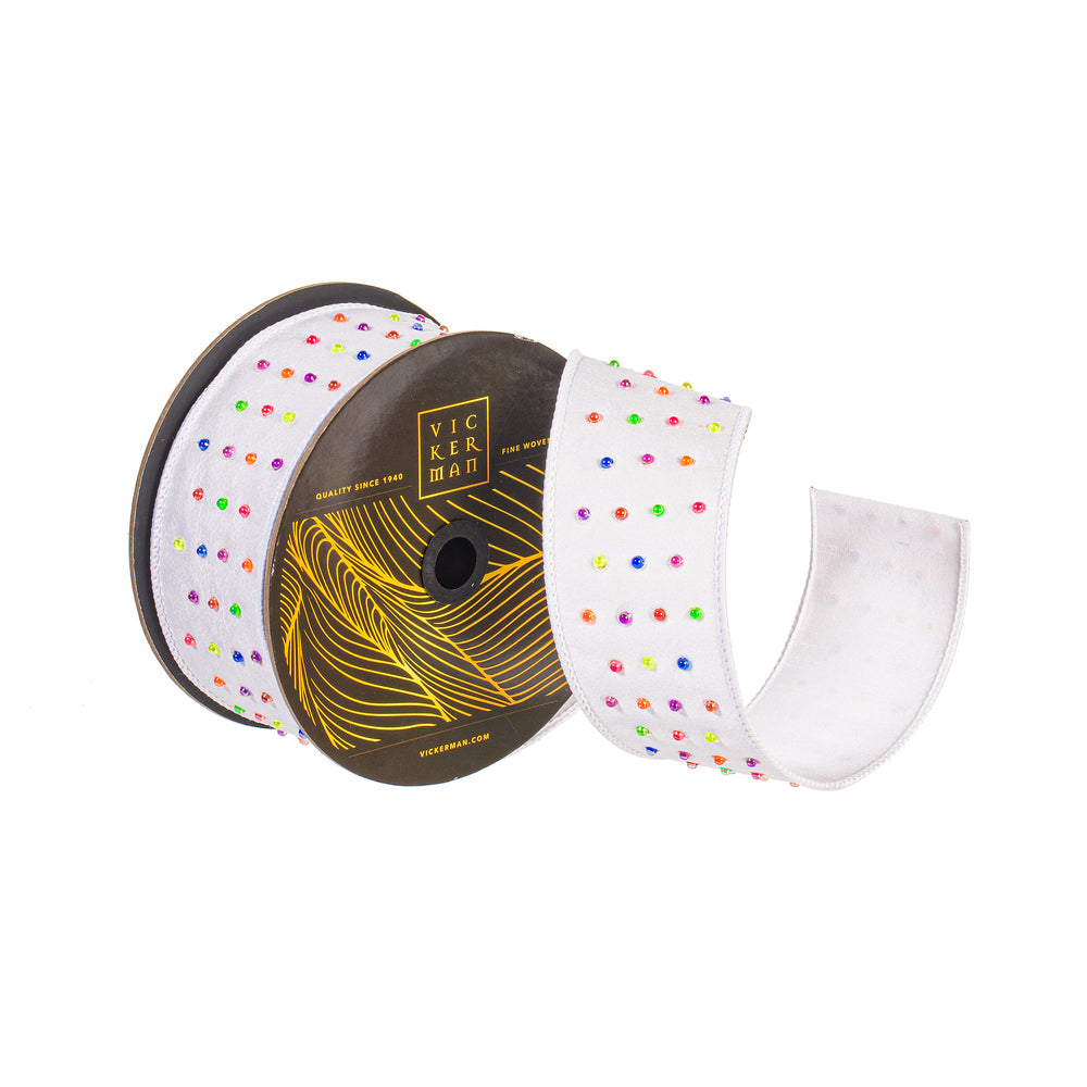 2.5"x10yd White Dupion Multi Candy Button Wired Ribbon - Burlap and Bling Decor