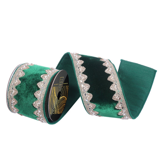 4"x5yd Emerald Velvet Champane Pearl Jewel Trim Wired Ribbon - Burlap and Bling Decor