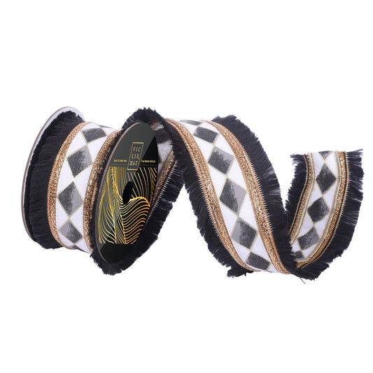 2.5"x10yd Black Fringe Black/White Checker Wired Ribbon - Burlap and Bling Decor