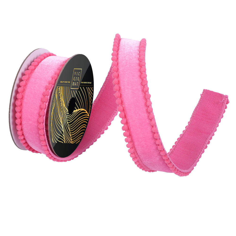 1.5"x10yd Pink Velvet Pink Pom Pom Wired Ribbon - Burlap and Bling Decor