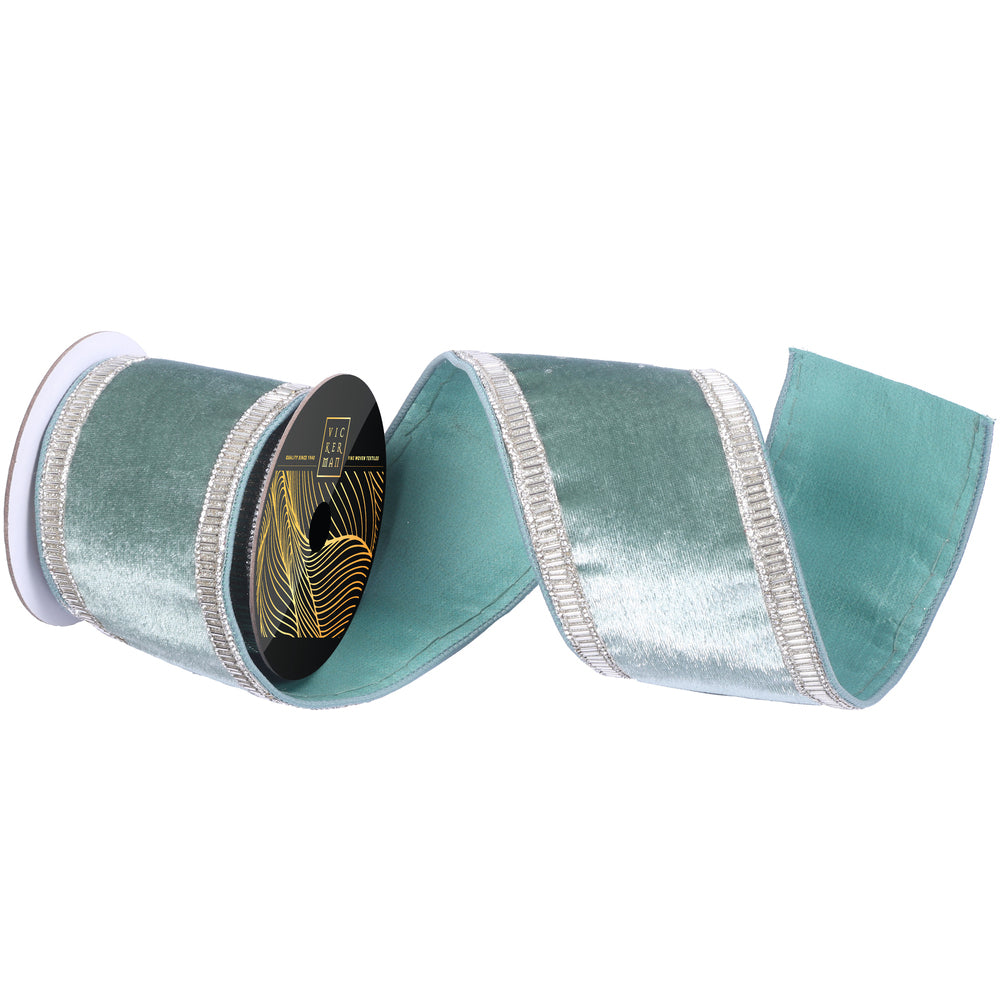 4"x5 yds Frosty Mint Velvet Luster Bead Jewel Wired Ribbon