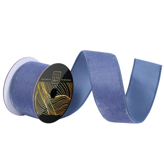 2.5"x10yd Denim Blu Velvet Luster Wired Ribbon - Burlap and Bling Decor