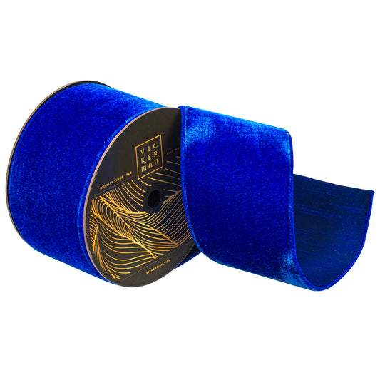 4"x10yd Blue Velvet Dupion Wired Ribbon - Burlap and Bling Decor