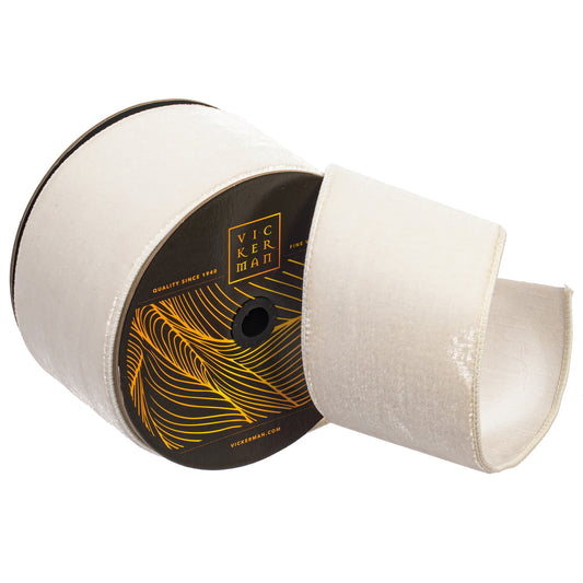 4"x10yd White Velvet Dupion Wired Ribbon - Burlap and Bling Decor