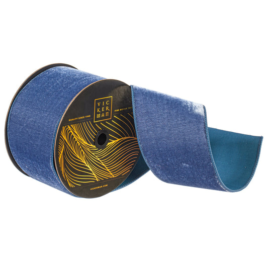 4"x10yd Denim Blue Velvet Dupion Wired Ribbon - Burlap and Bling Decor