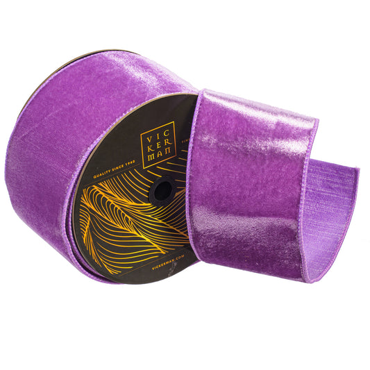 4" x 10yd Lavender Velvet Wired Ribbon. Lavender Dupion backing. - Burlap and Bling Decor