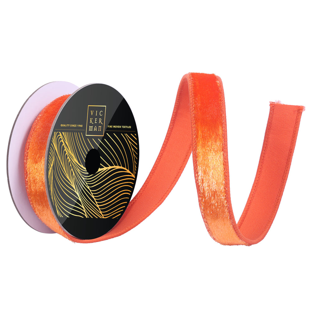 1"x10yd Orange Velvet Luster Wired Ribbon - Burlap and Bling Decor