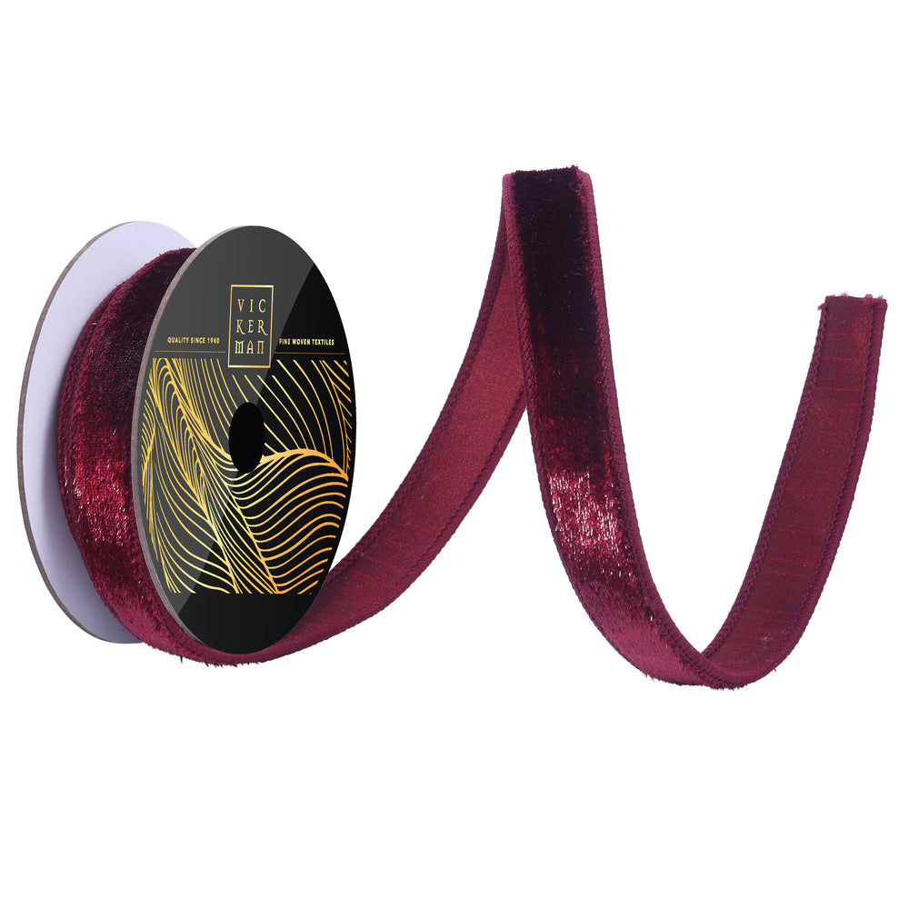 1"x10yd Burgundy Velvet Luster Wired Ribbon - Burlap and Bling Decor